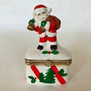 Vintage Santa Claus Trinket Box Christmas Tree Gift Present Holly Bell Porcelain
